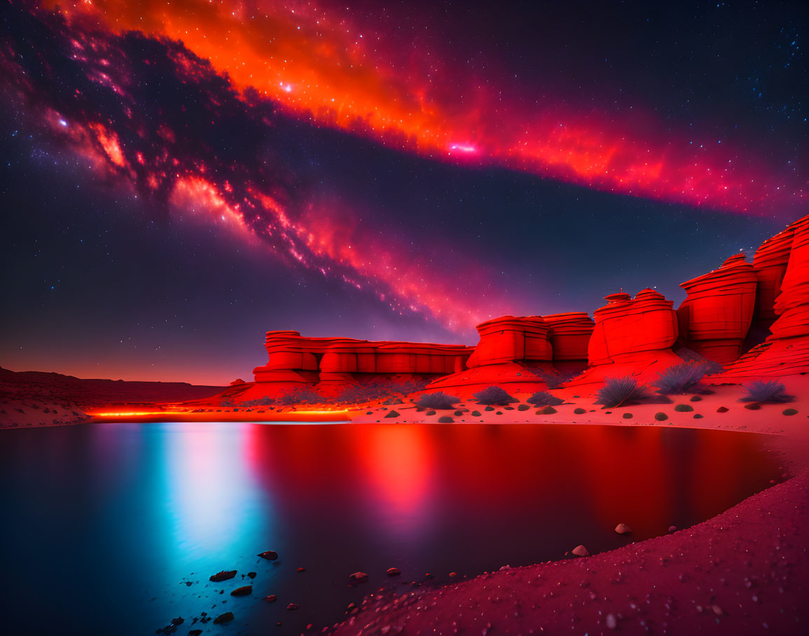 Vibrant night sky with red and pink clouds over illuminated red rock formations by still water