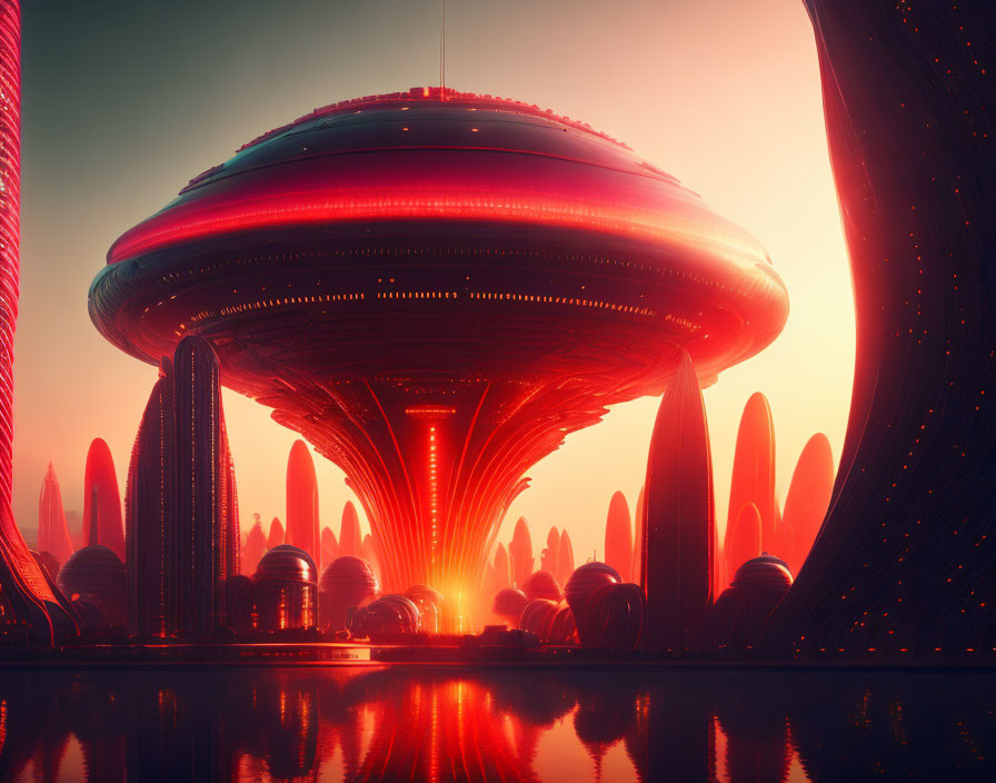 Futuristic cityscape with saucer-shaped red-light building at dusk