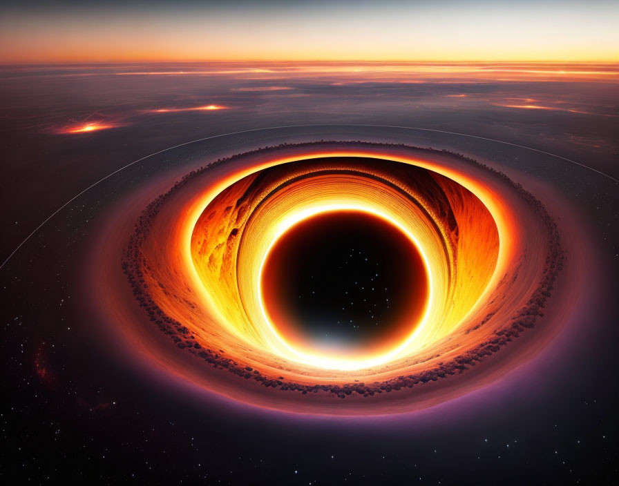 Digital art: Black hole bending light in star-studded space.