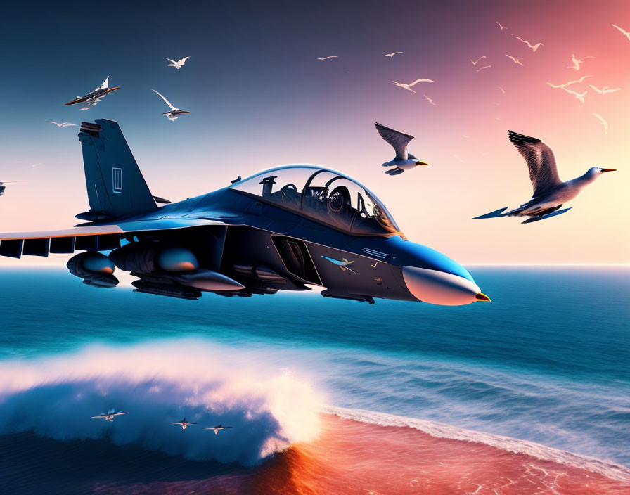 Military fighter jet flying low over ocean at sunset with birds and colorful reflections