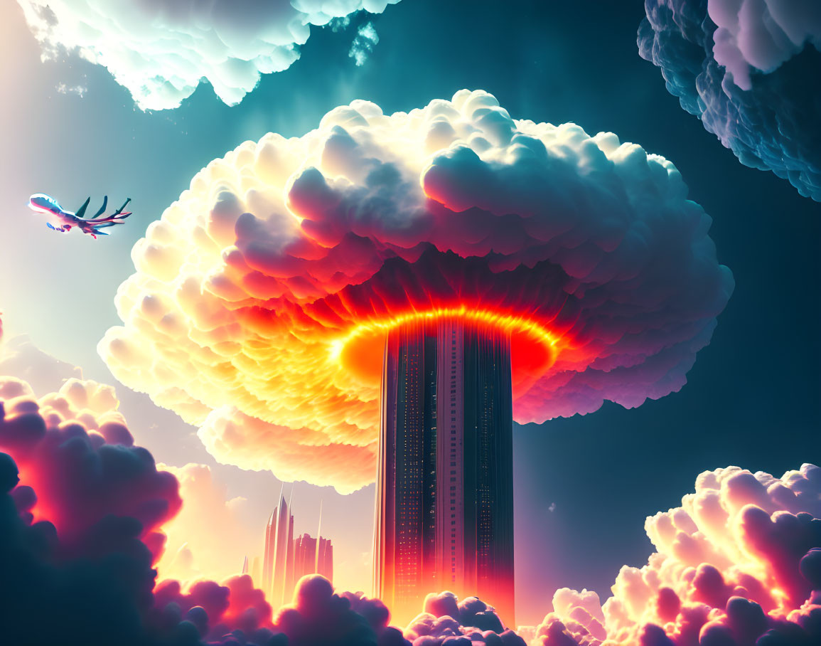 Plane flying past surreal massive explosion with vivid color palette.