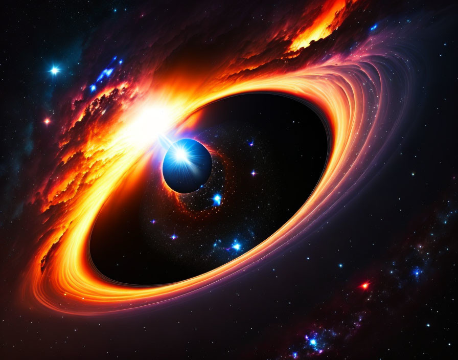 Illustration of a black hole with accretion disk in deep space