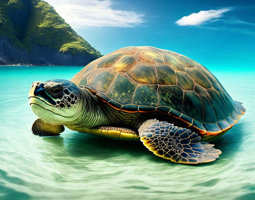 Sea turtle swimming in clear blue water near tropical mountains.