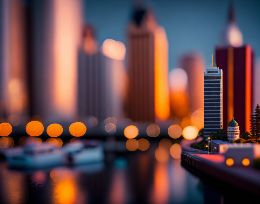 Cityscape at Dusk: Miniature Effect with Blurred Lights & Enhanced Colors