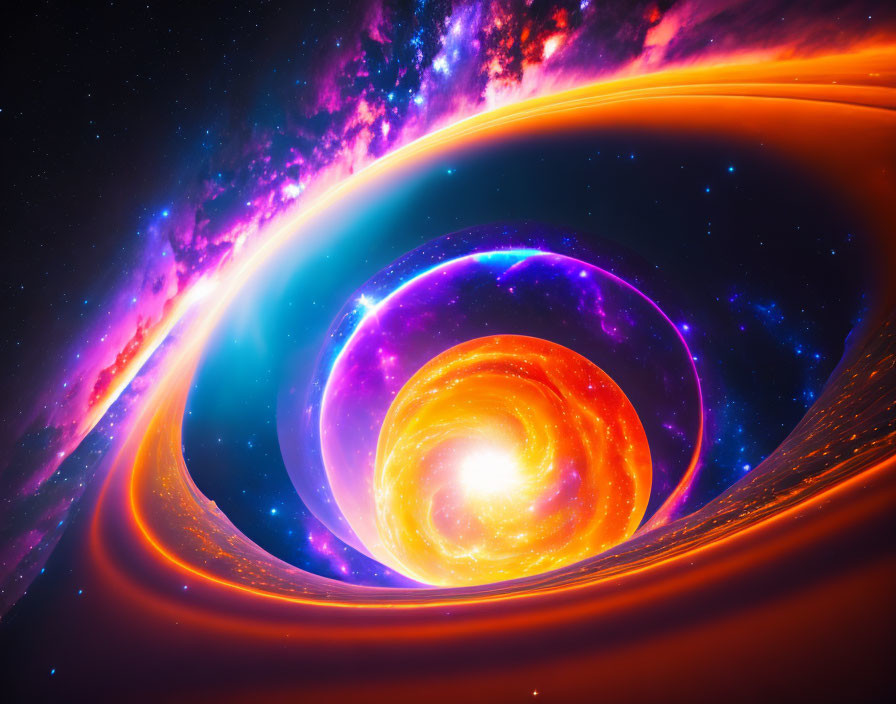 Colorful cosmic illustration: black hole with swirling accretion disks in oranges, purples,