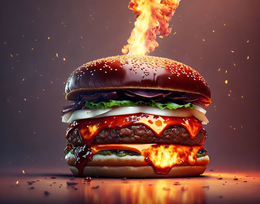 Flaming burger with lettuce, tomato, cheese, and patty on a moody background