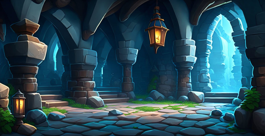 Fantasy Castle Interior with Stone Arches & Glowing Blue Exterior