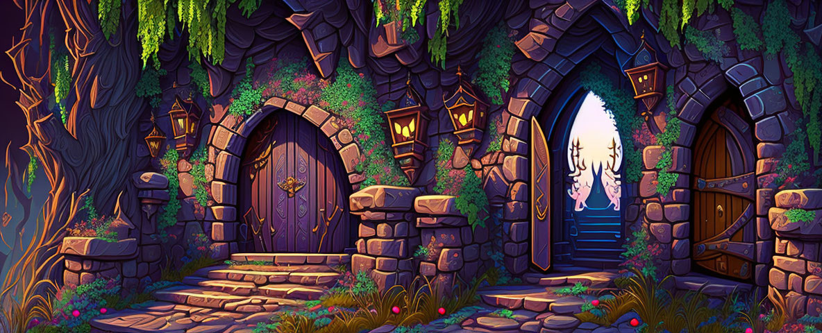 Enchanted forest with stone gateway and golden door