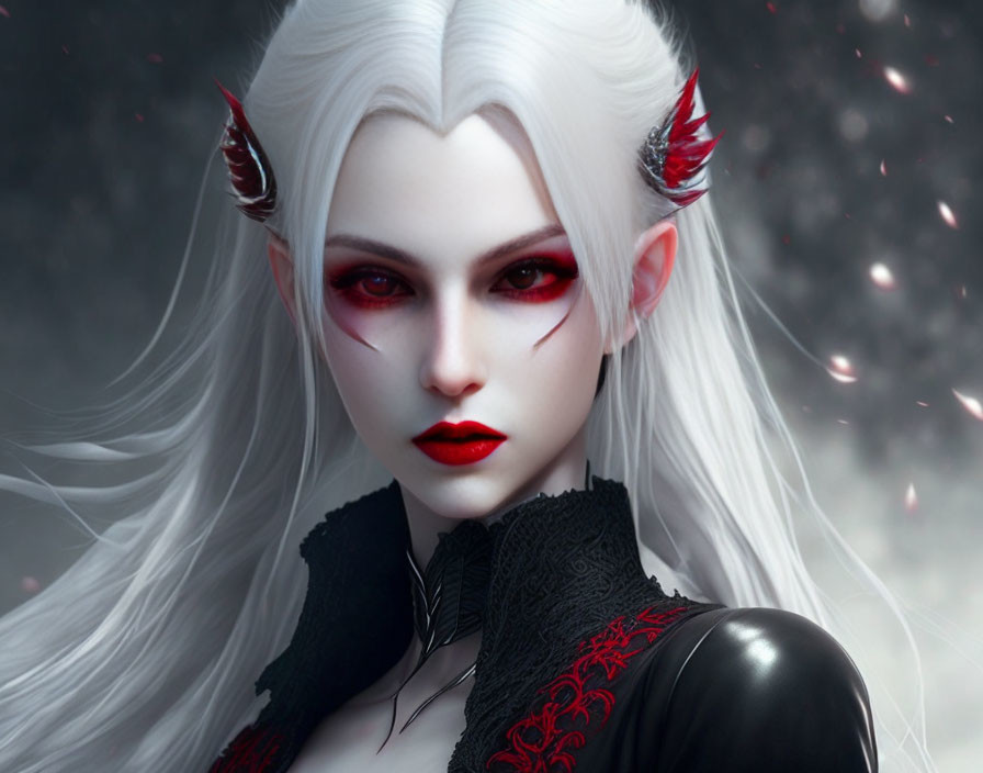 Digital artwork: Pale-skinned female with white hair, red eyes, pointed ears, and red petals