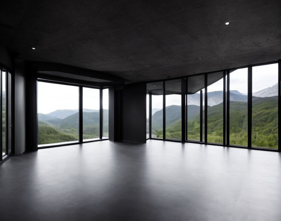 Minimalist Interior Space with Floor-to-Ceiling Windows & Mountain View