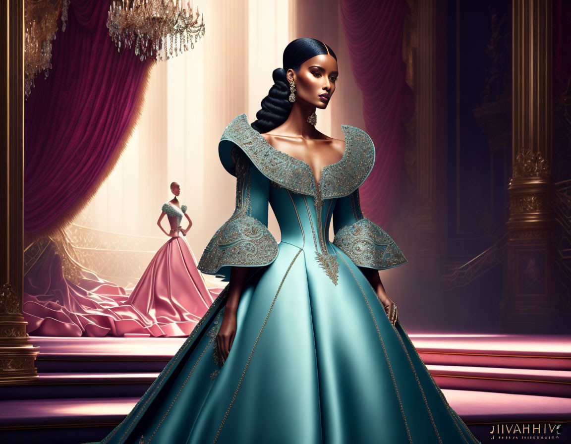 Luxurious teal gown with gold embroidery in grand ballroom setting.