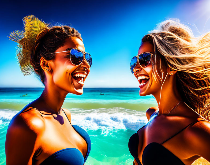 Two women in swimsuits and sunglasses at sunny beach with blue sea and sky.