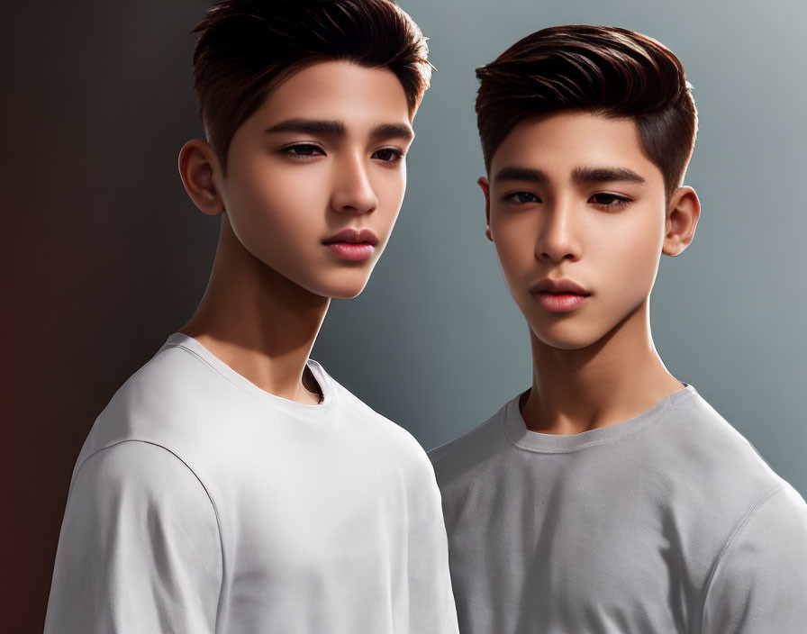 Identical male figures with styled hair in white shirts against neutral background