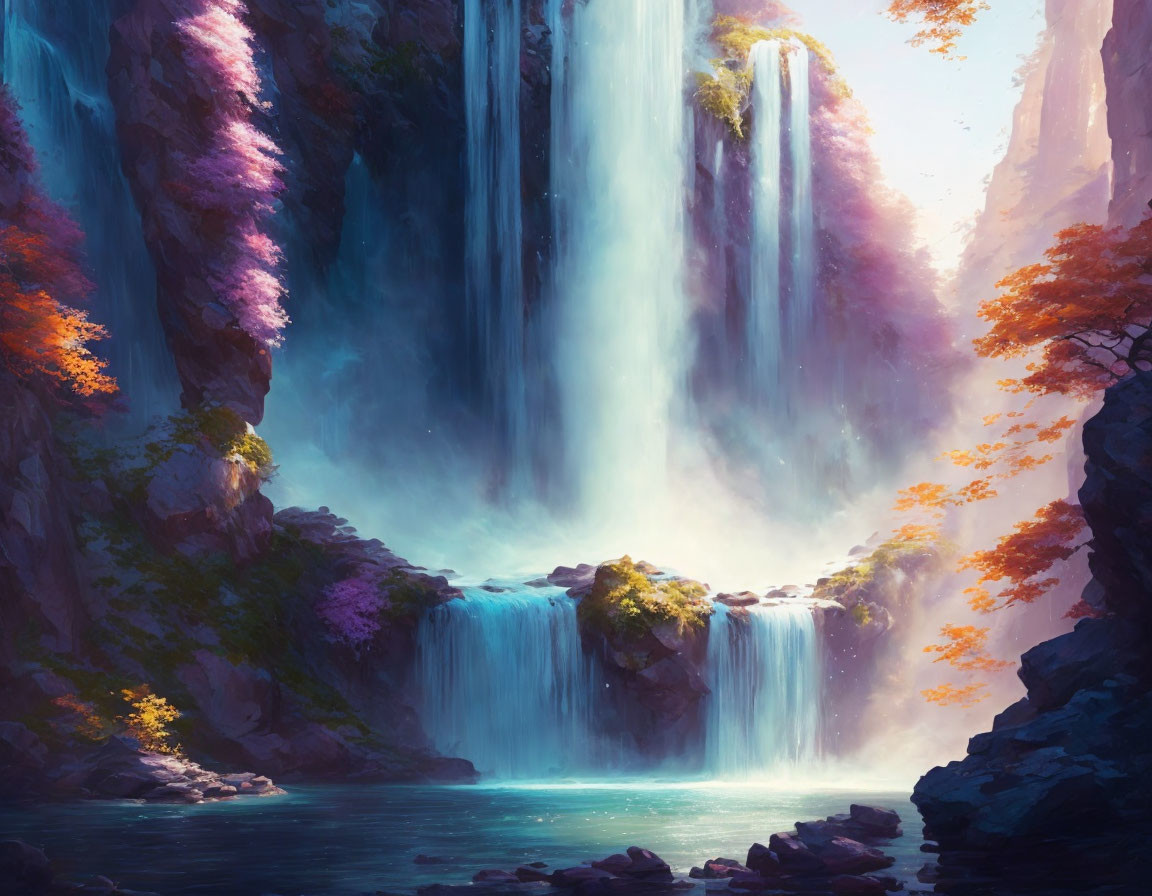 Autumn Waterfall Landscape with Lake and Cliffs