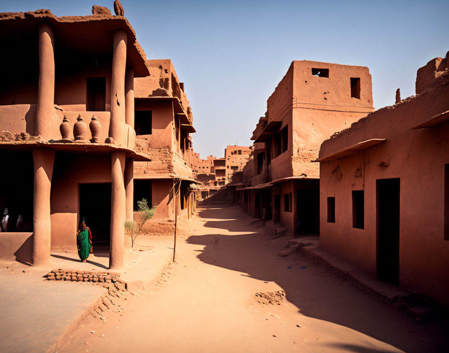 Clay houses on dusty street with person in green outfit in desert setting