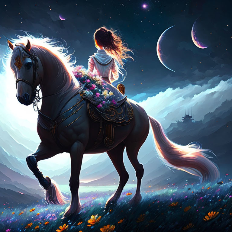 Fantastical night scene with girl riding horse under multiple moons.