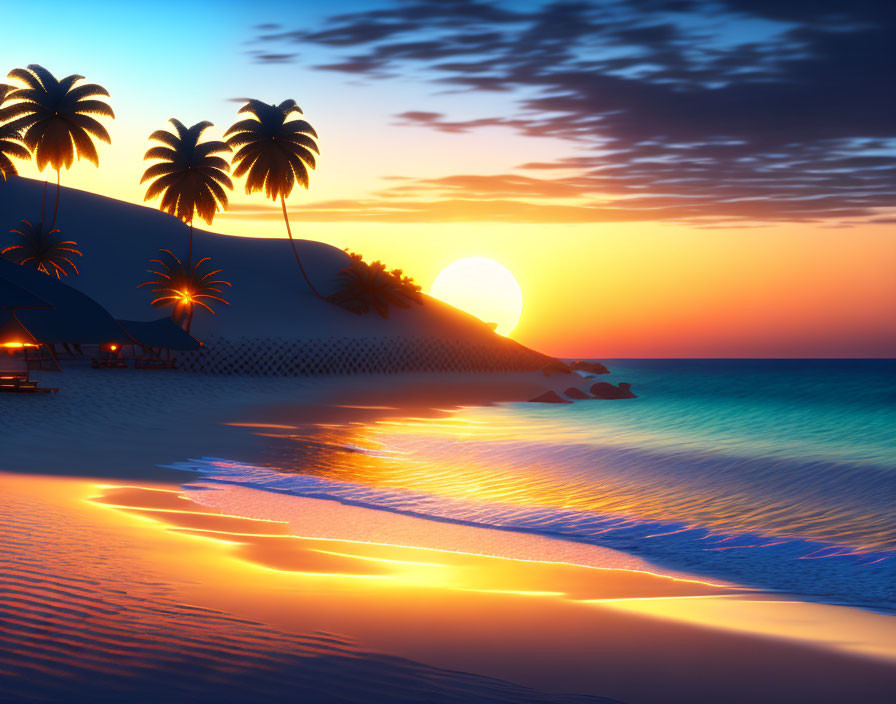 Tranquil tropical beach sunset with palm trees and golden reflections