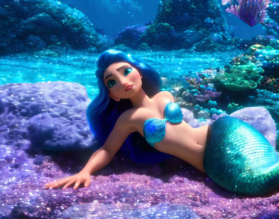 Blue-haired animated mermaid on sparkling seabed with vibrant coral