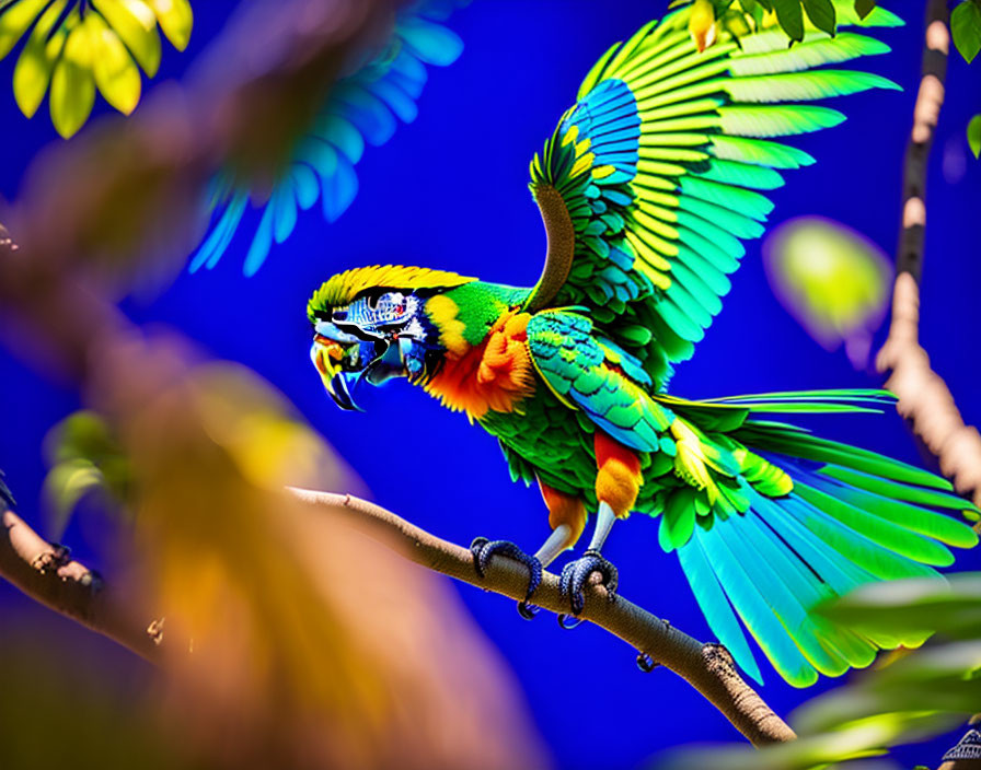 Vibrant Parrot in Flight with Green, Yellow, and Blue Feathers