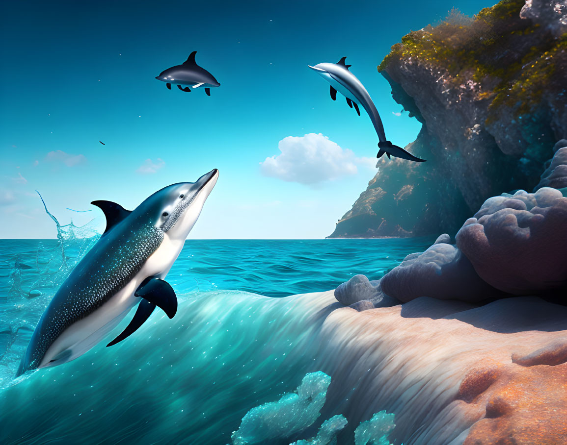 Colorful underwater scene with leaping dolphin and blue sky backdrop