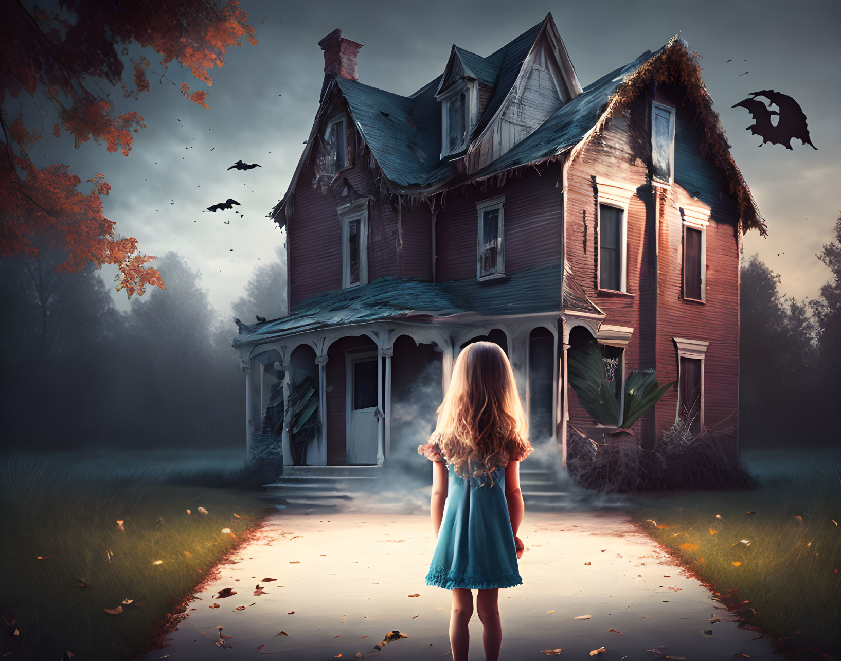 Young girl in front of spooky house with bats in misty twilight landscape