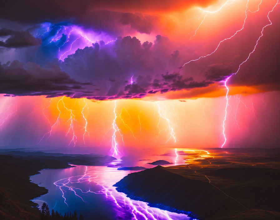 Dramatic thunderstorm over winding river with vibrant lightning strikes