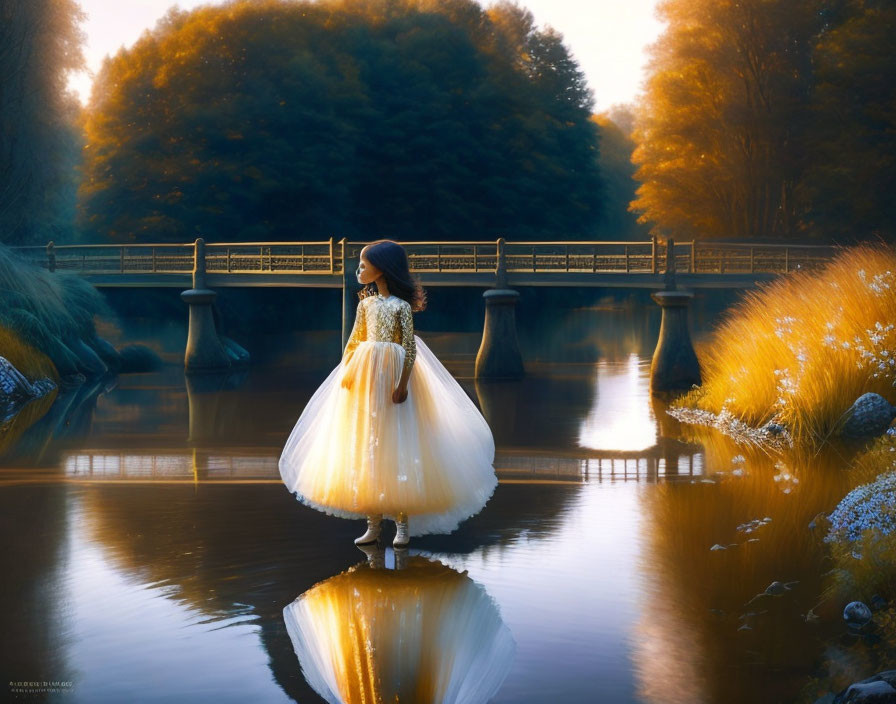 Woman in elegant gown by calm river with vintage bridge and autumn trees