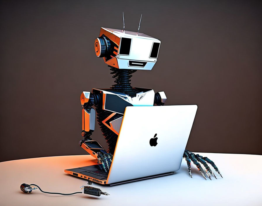 Vintage TV-headed robot typing on Apple laptop with detached plug.