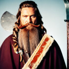 Bearded Viking warrior with braided beard and battle axe against cloudy sky