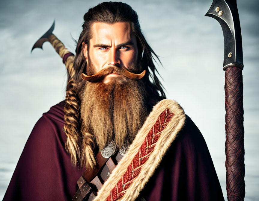 Bearded Viking warrior with braided beard and battle axe against cloudy sky