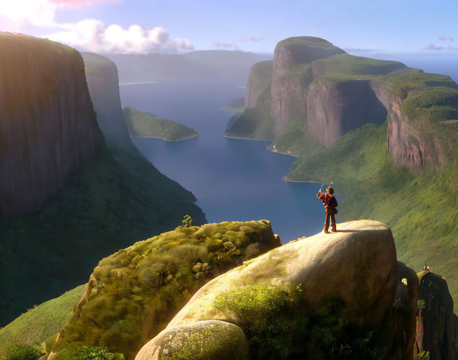 Hiker on Cliff Overlooking Serene River and Green Cliffs