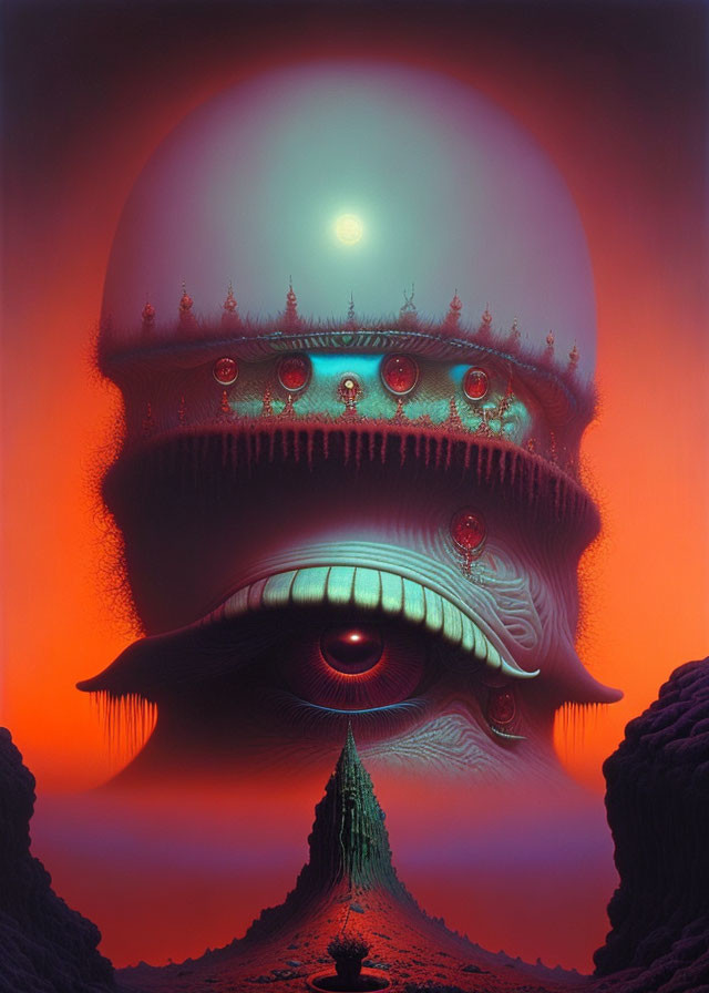 Enormous ornate head with single eye in surreal moonlit landscape