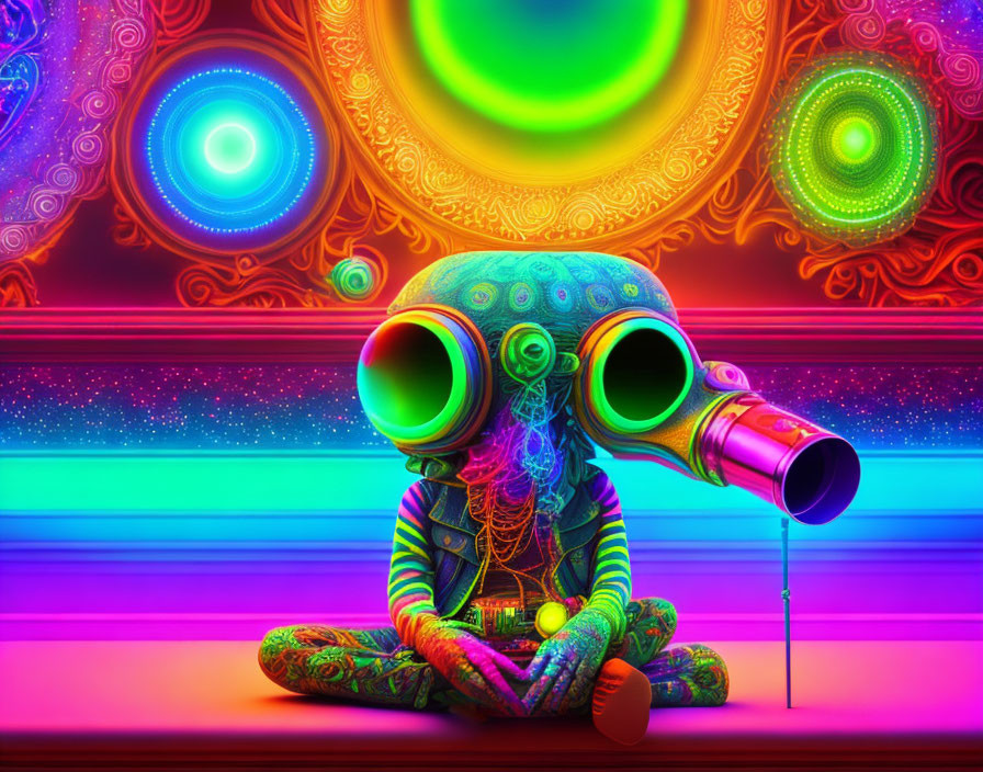 Vibrant octopus creature in space helmet on cosmic backdrop