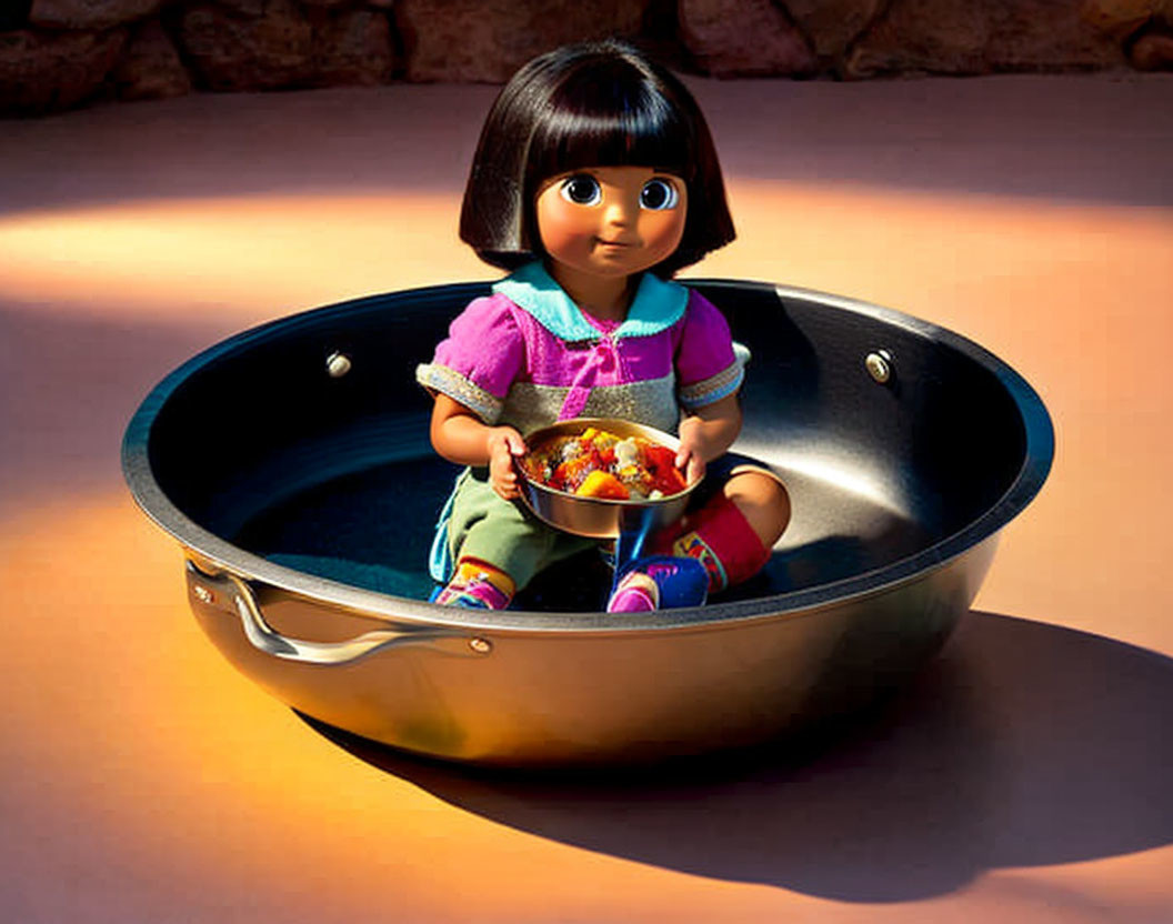 Animated young girl with bob haircut in frying pan holding smaller pan.