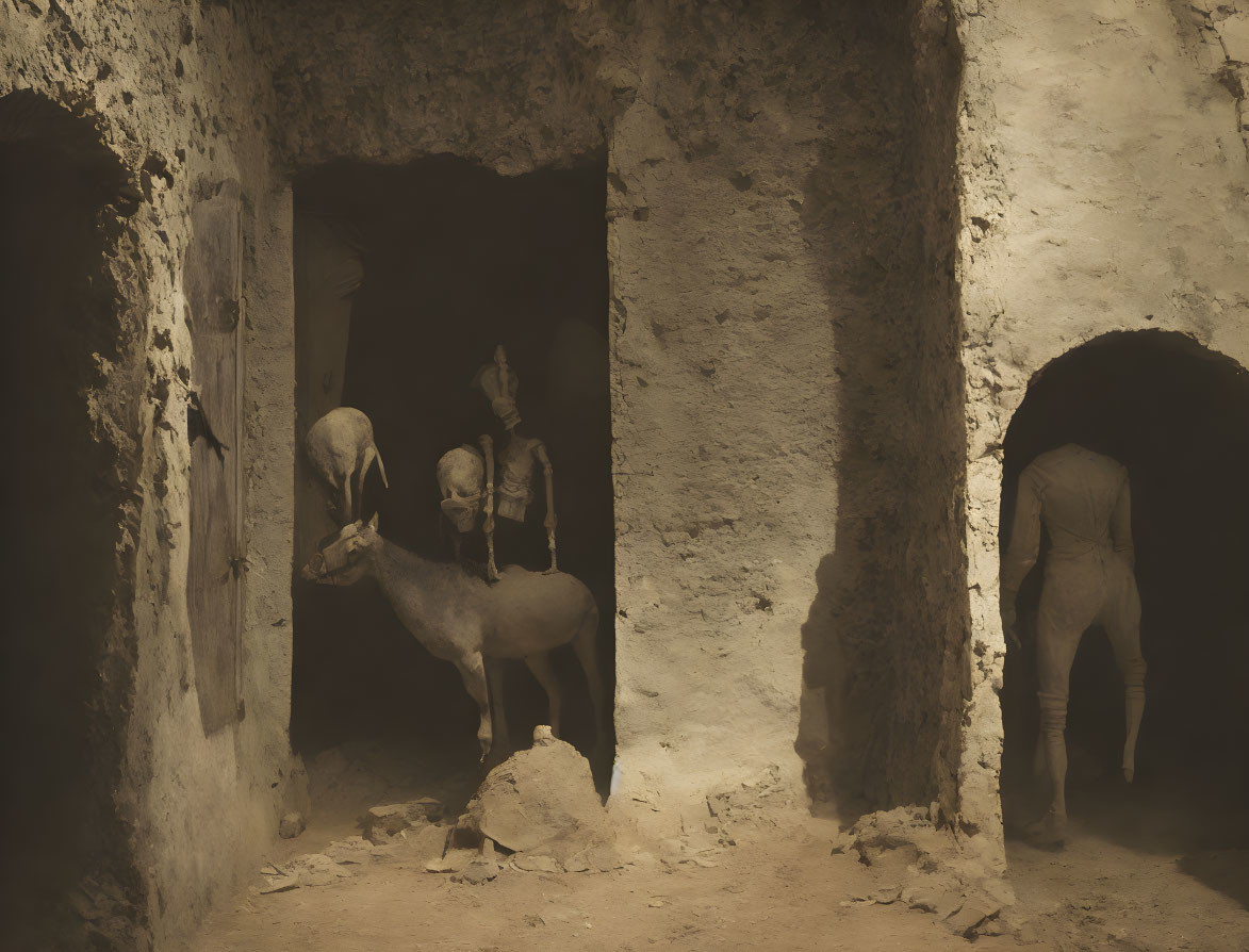 Dimly lit underground room with arched doorways and donkeys in ruins