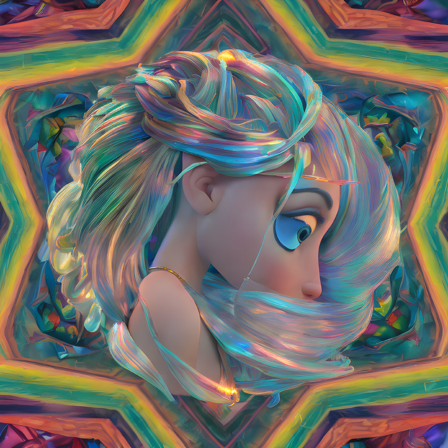 Vibrant 3D character with swirling hair on geometric backdrop