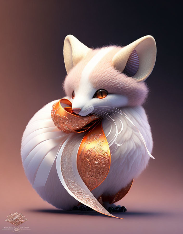 Fluffy white fox holding golden heart locket