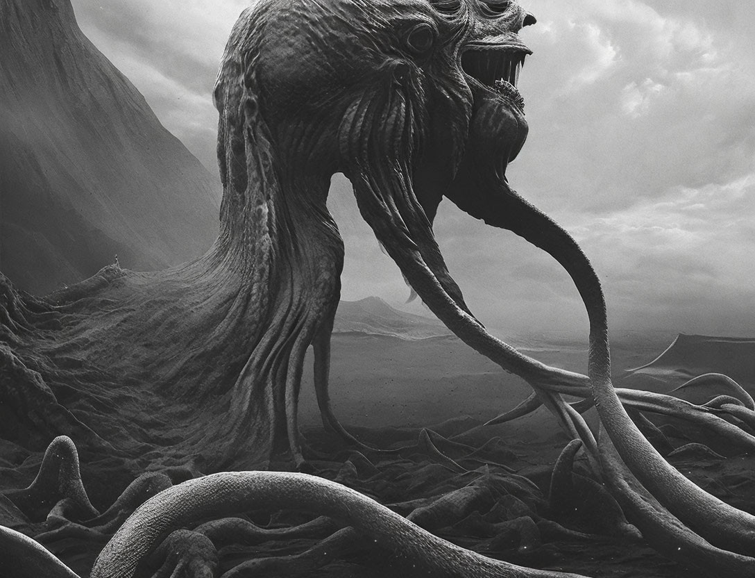 Surreal monochrome creature in desolate landscape with mountains