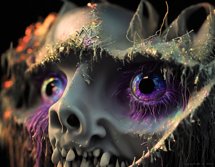 Colorful Skull with Purple Eyes and Cosmic Patterns Crown