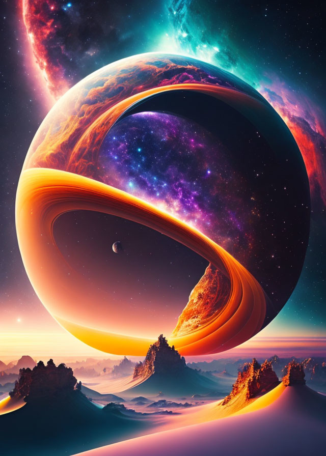 Colorful Cosmic Illustration: Surreal Planets, Nebula, Alien Landscape