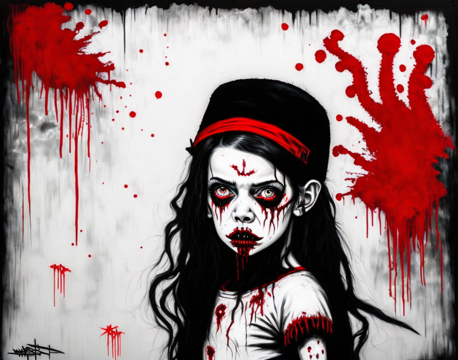 Eerie portrait of a girl with black eyes and red markings on headband, set against red spl