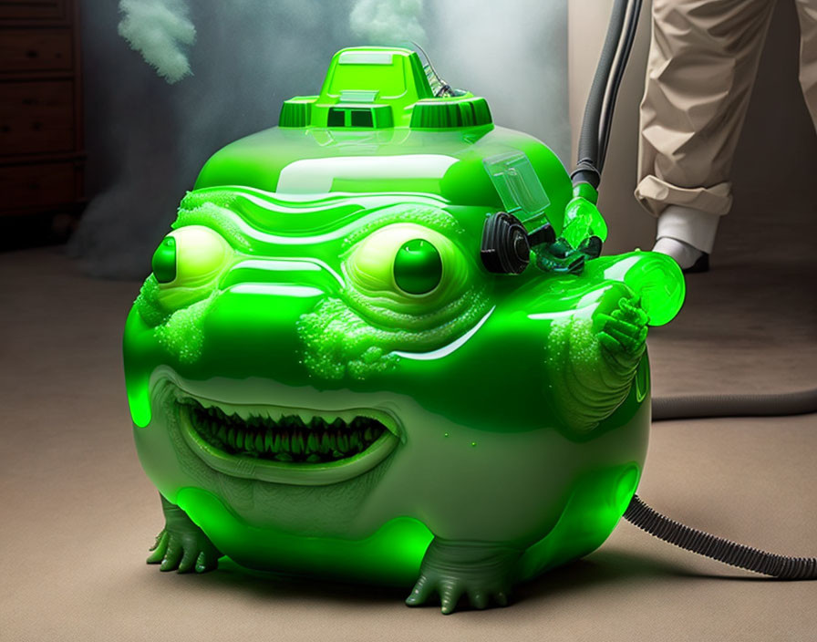 Green Frog-Shaped Vacuum Cleaner with Smiling Mouth and Glowing Eyes Vacuuming Carpet