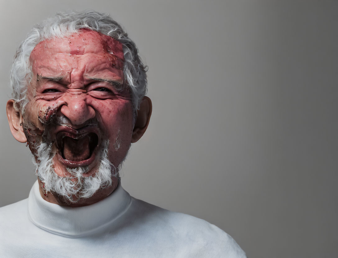 Elderly man with beard showing distress and injury