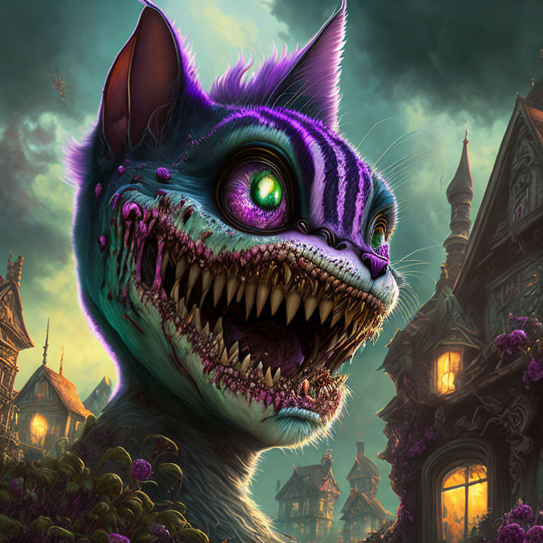 Surreal purple cat with sharp teeth in gothic haunted house setting