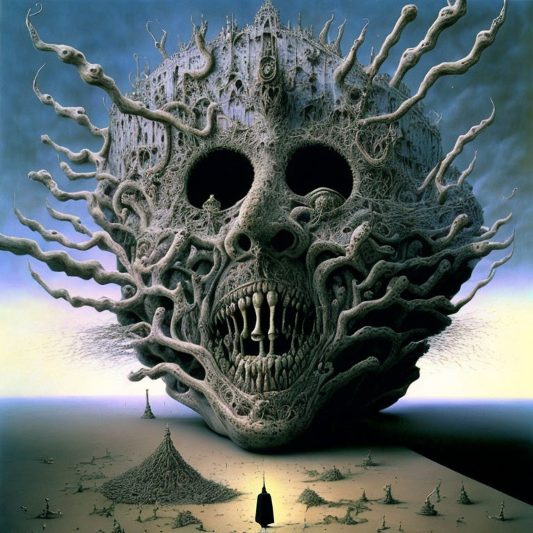 Gigantic skull in surreal landscape with lone figure