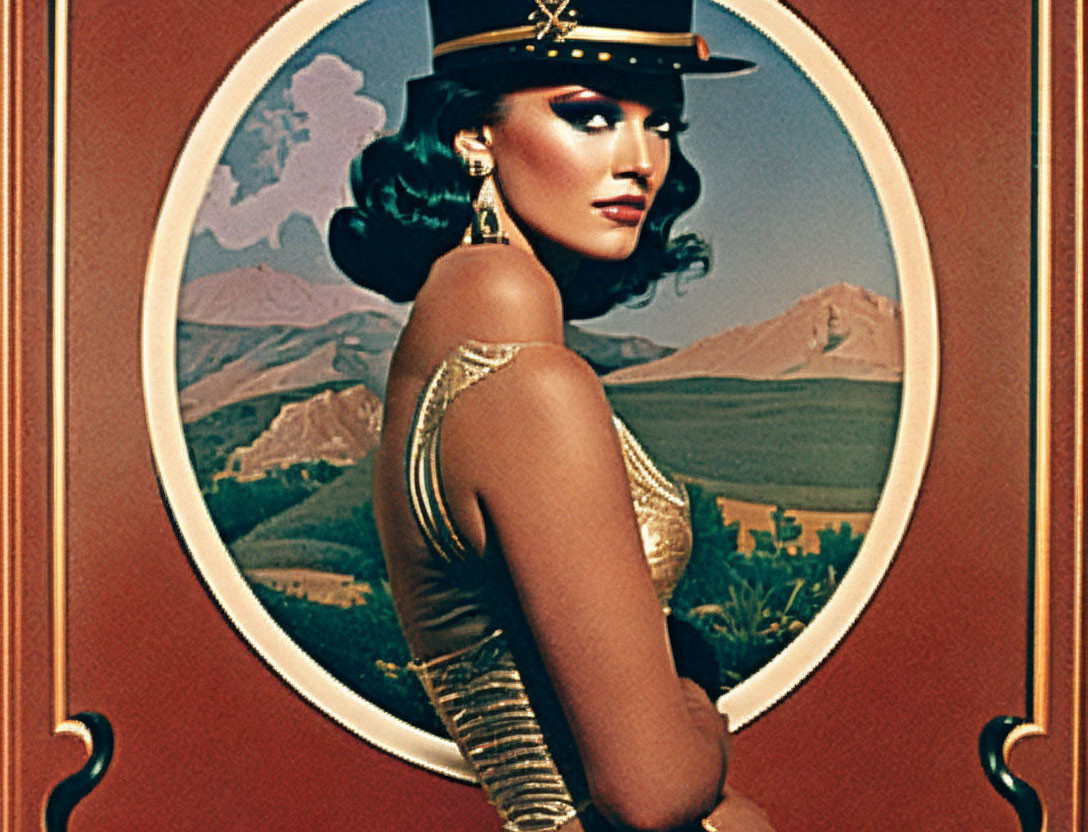 Vintage-style portrait of woman in hat & gold outfit with mountain backdrop