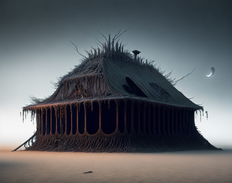 Surreal thatched-roof creature structure in barren landscape at dusk