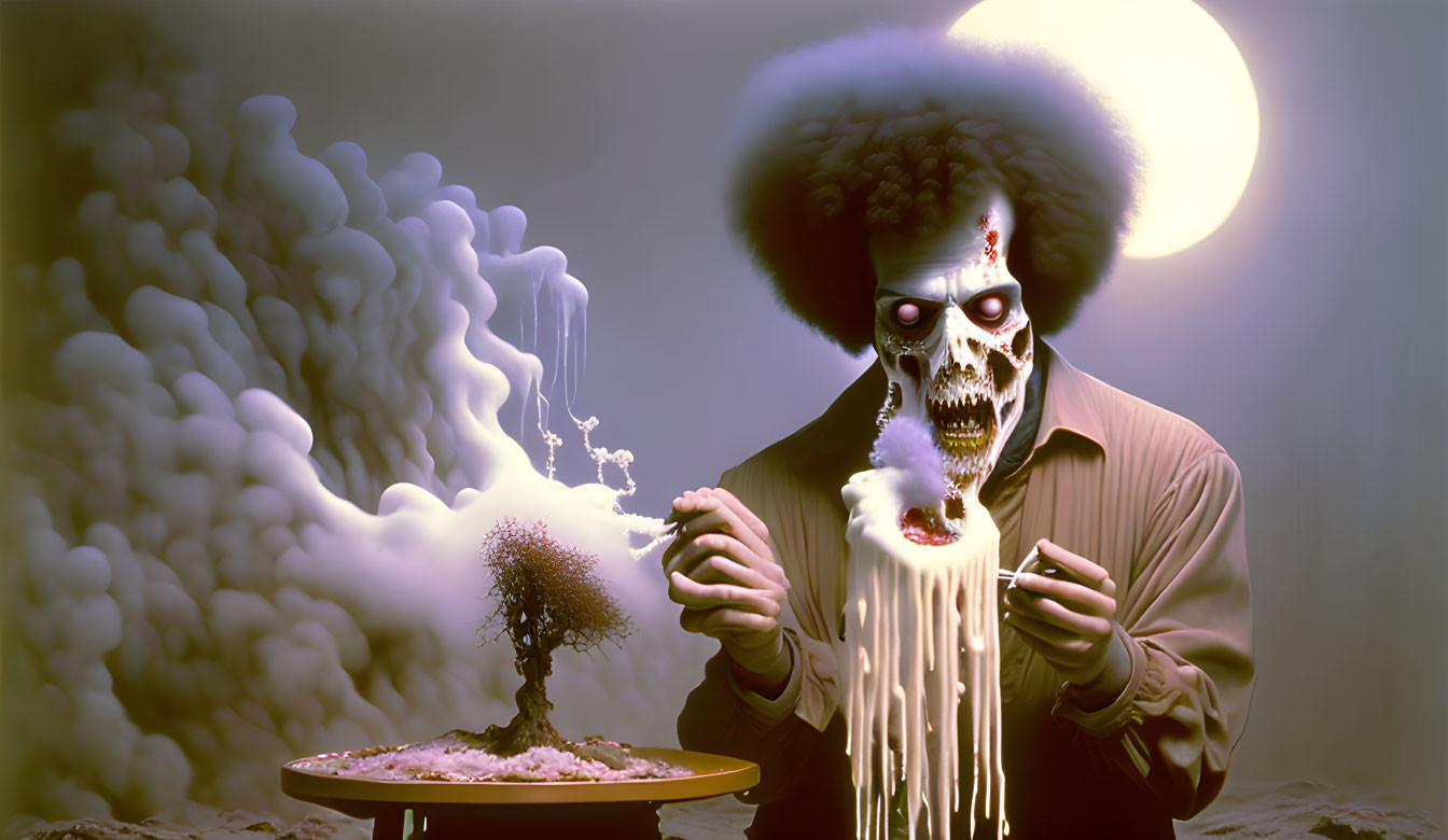 Skull-headed figure with afro eating spaghetti in surreal moonlit landscape