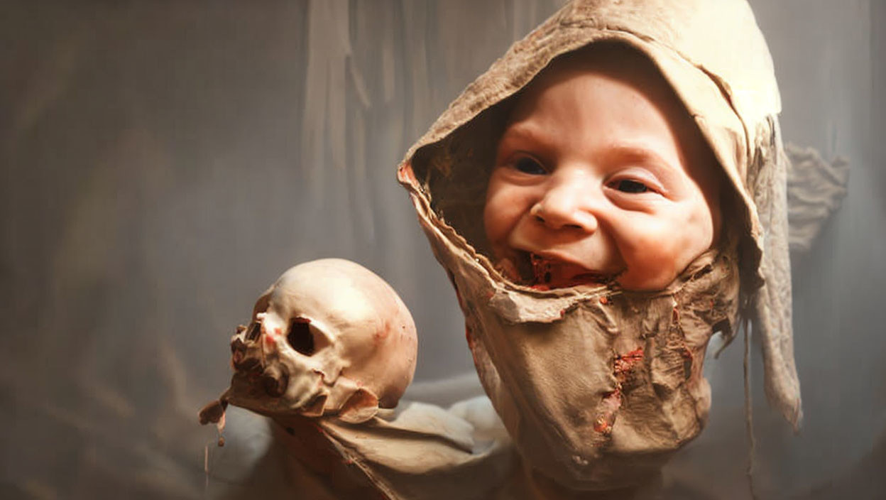 Hooded Figure Costume with Smiling Baby Face and Skull