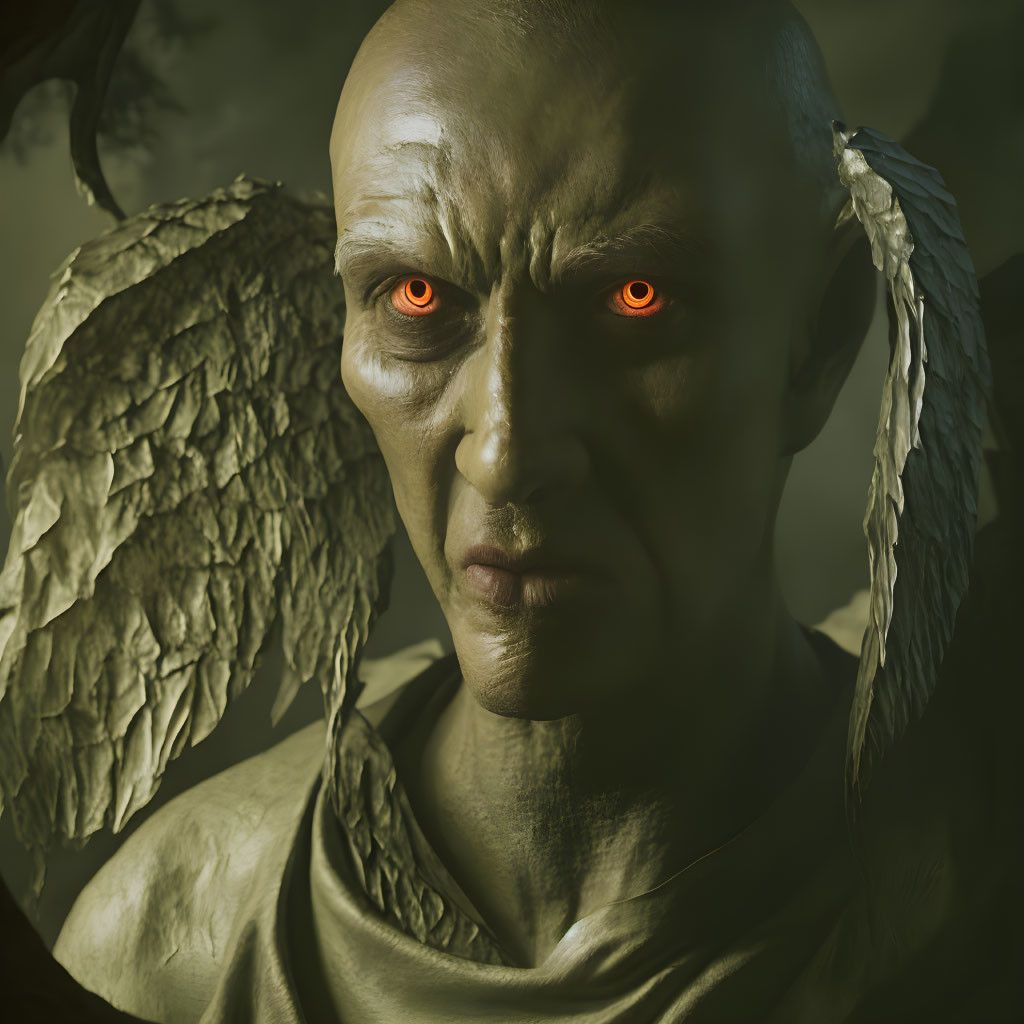 Gray-skinned figure with red eyes, pointed ears, and dark wings